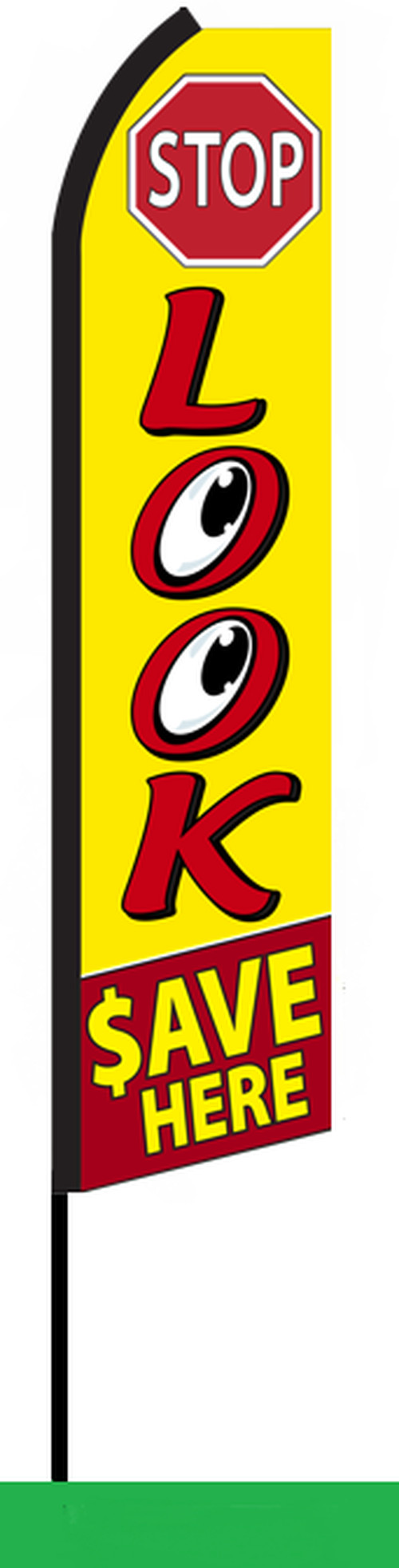 Look Save Here feather flag in yellow and red, SH5