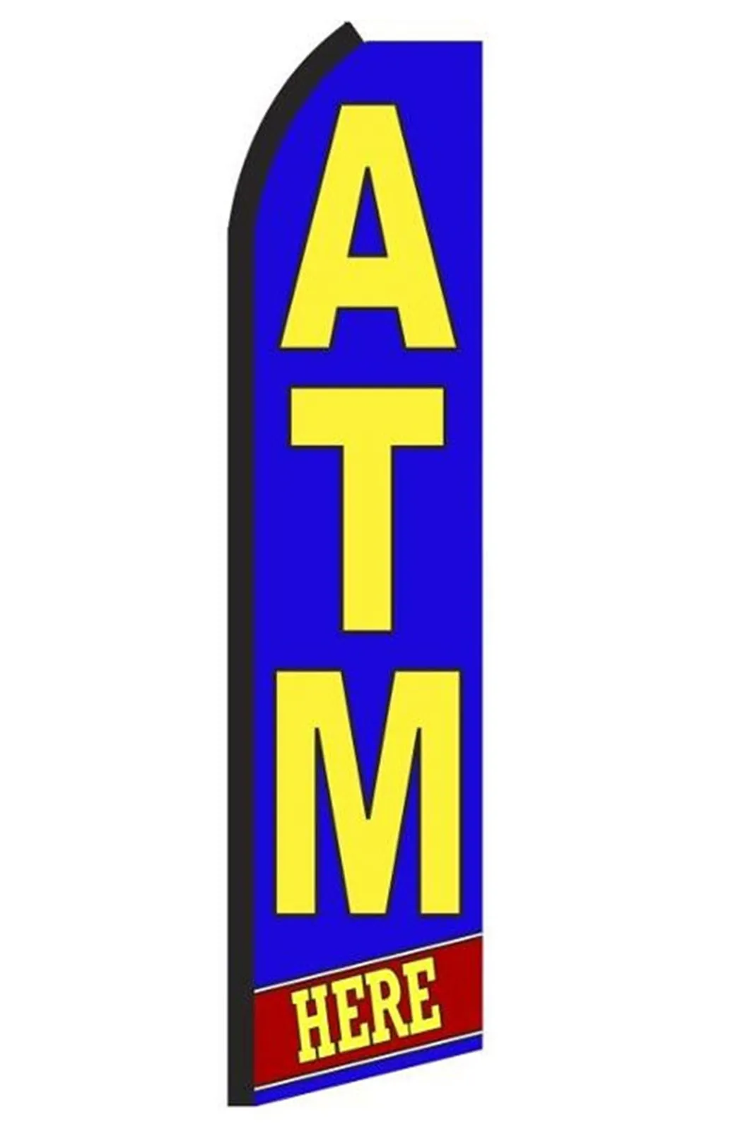 Blue ATM Here feather flag with large yellow letters and a red HERE panel