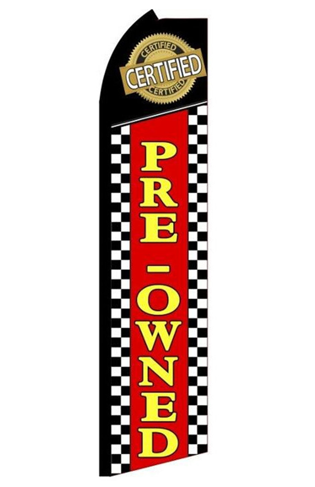 Certified Pre-Owned feather flag with checkered edges and red and yellow lettering, RF2