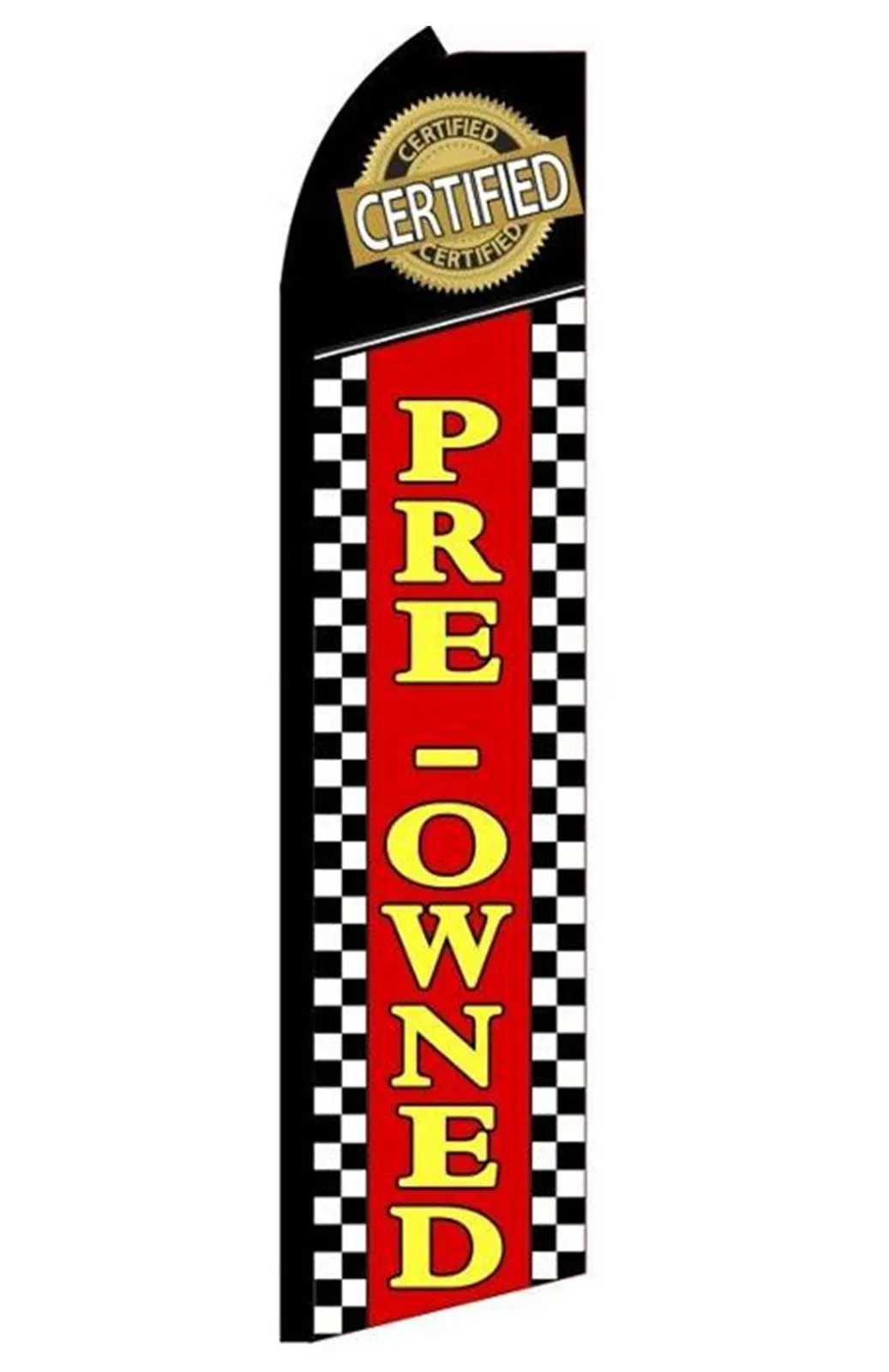 Certified Pre-Owned feather flag with checkered edges and red and yellow lettering, RF2