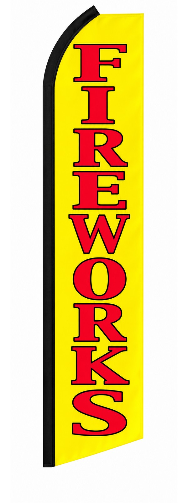 Yellow Fireworks feather flag with red vertical lettering and a black pole sleeve
