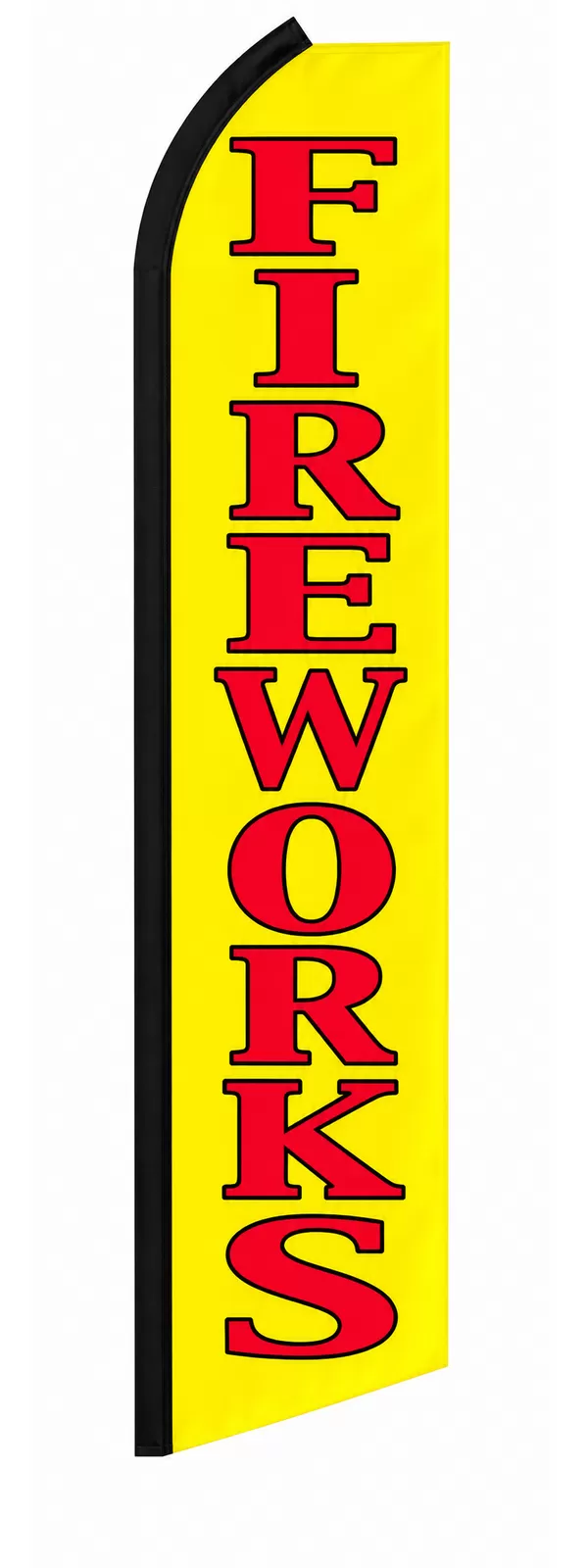 Yellow Fireworks feather flag with red vertical lettering and a black pole sleeve