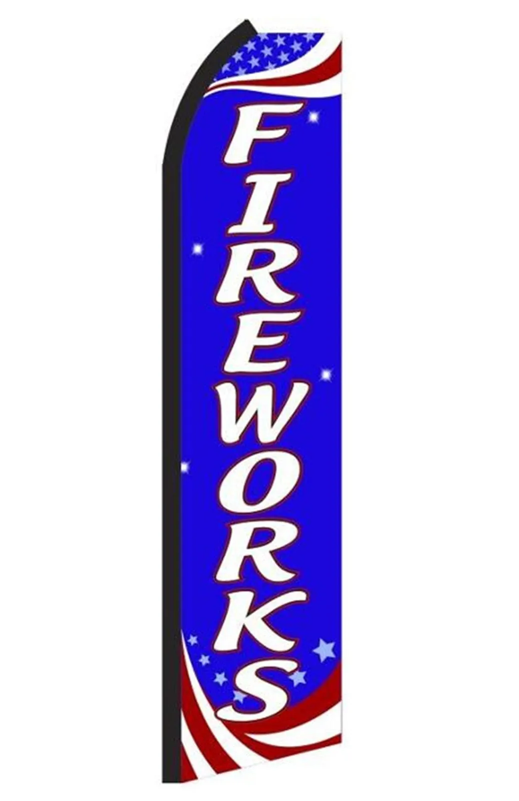 Blue Fireworks swooper feather flag with white lettering and red, white and blue star-and-stripe accents