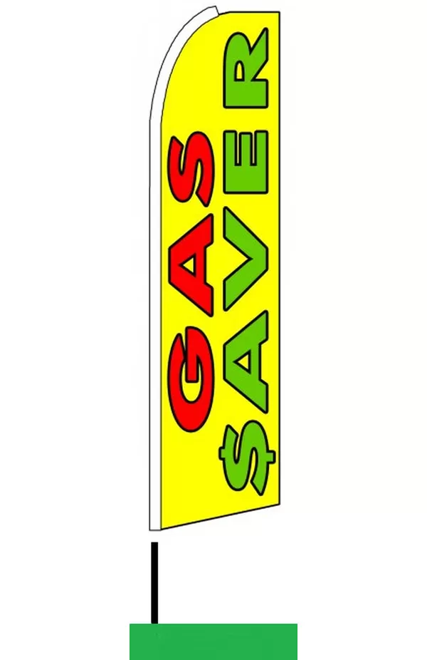 Yellow Gas Saver feather flag with red and green lettering, AB8