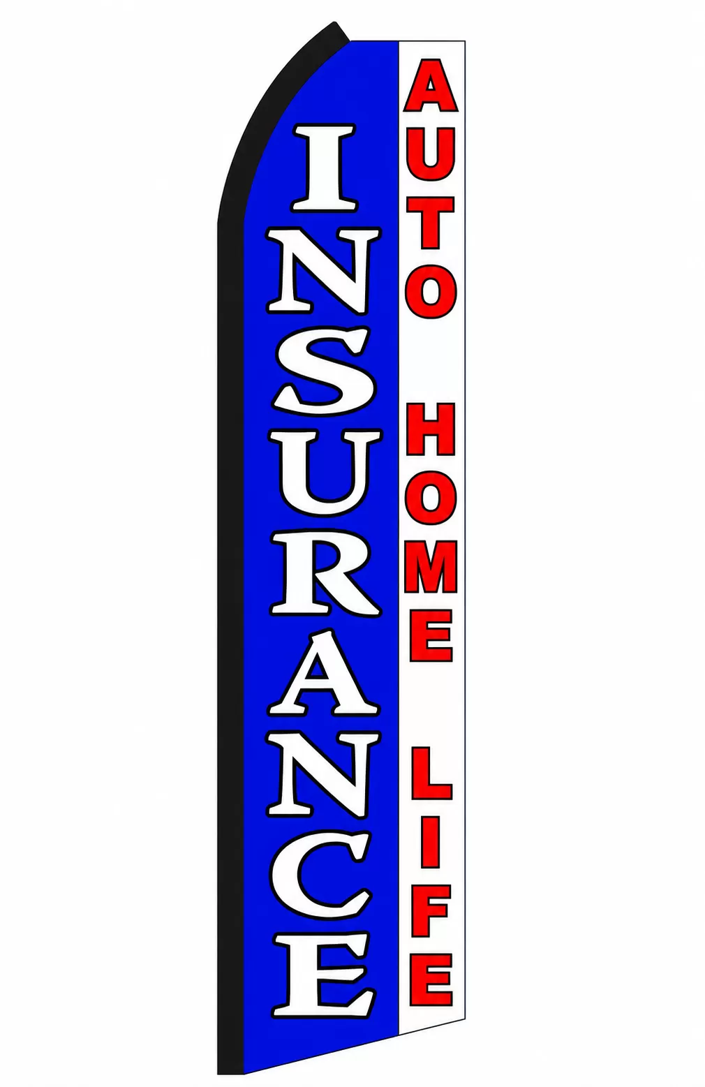 Blue and white Insurance Auto Home Life swooper feather flag with white Insurance and red Auto Home Life lettering