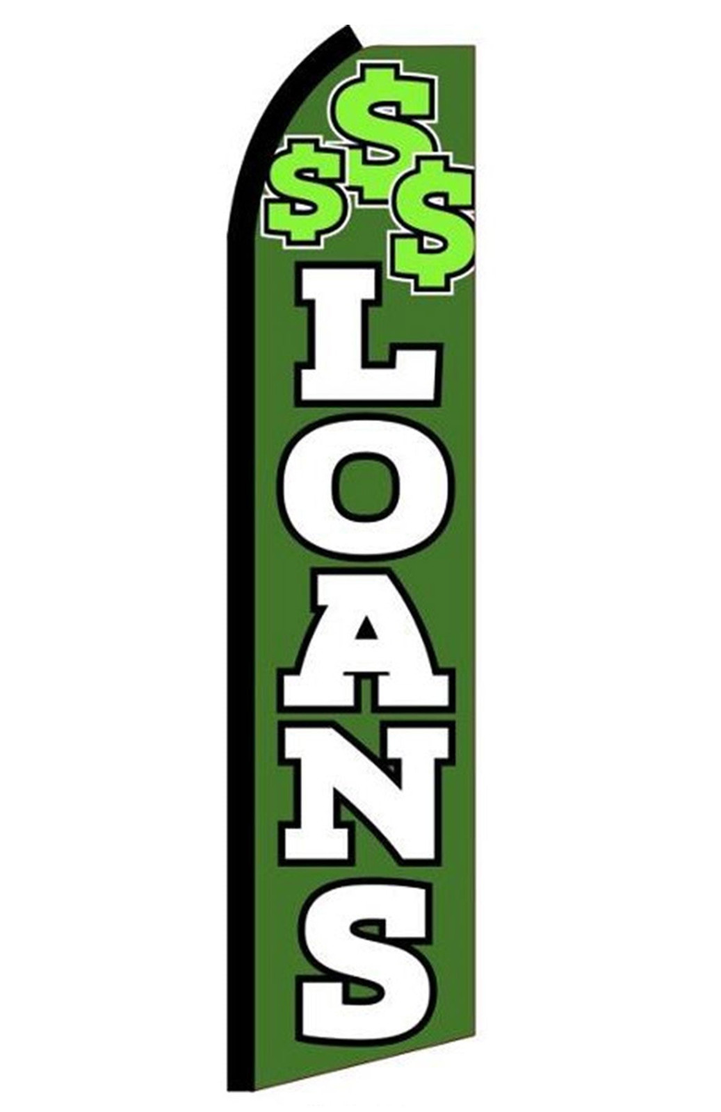 Green Loans feather flag with bold white letters and green dollar signs at the top