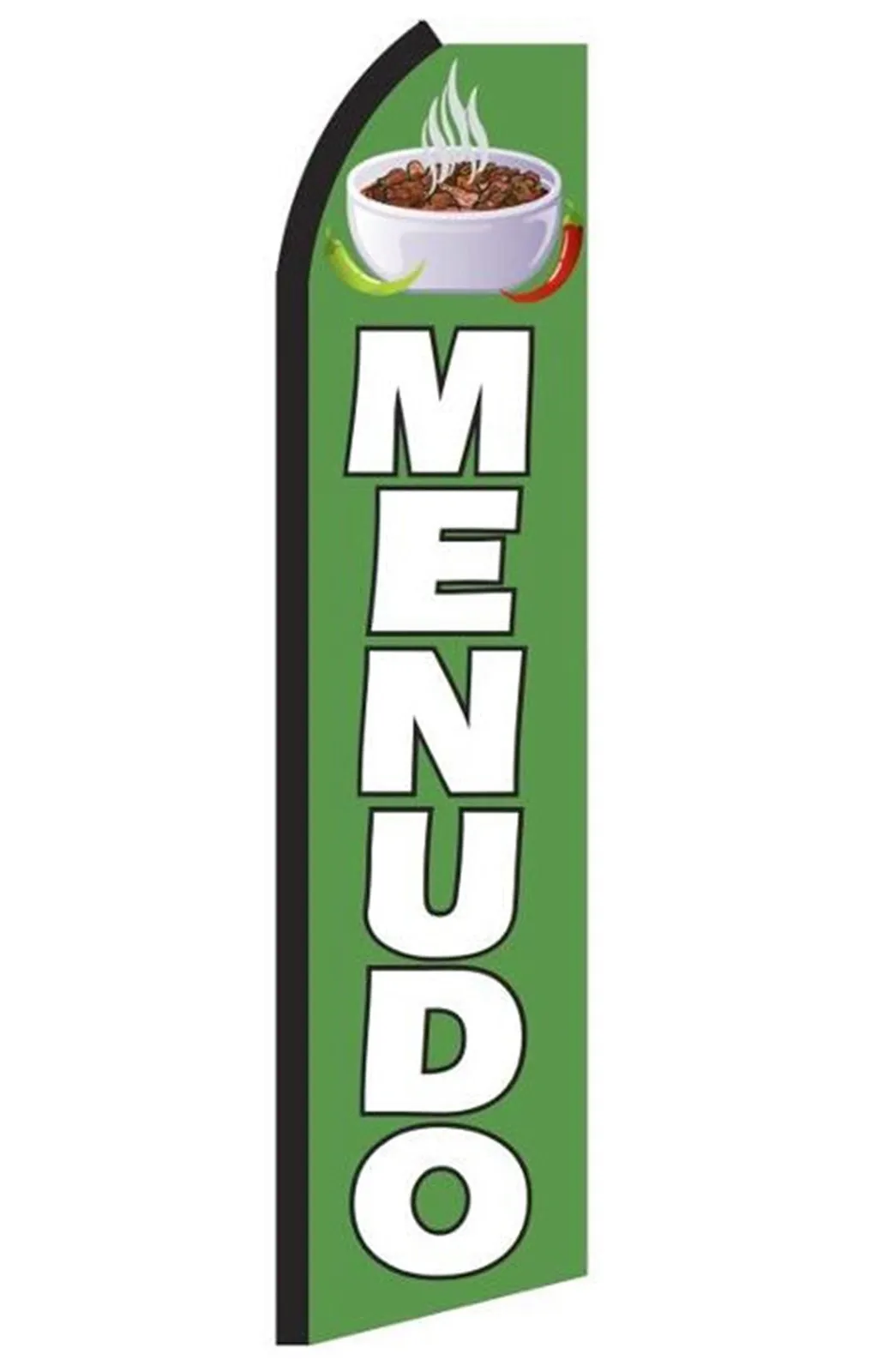 Green Menudo flag with white lettering and a bowl graphic, design RN4