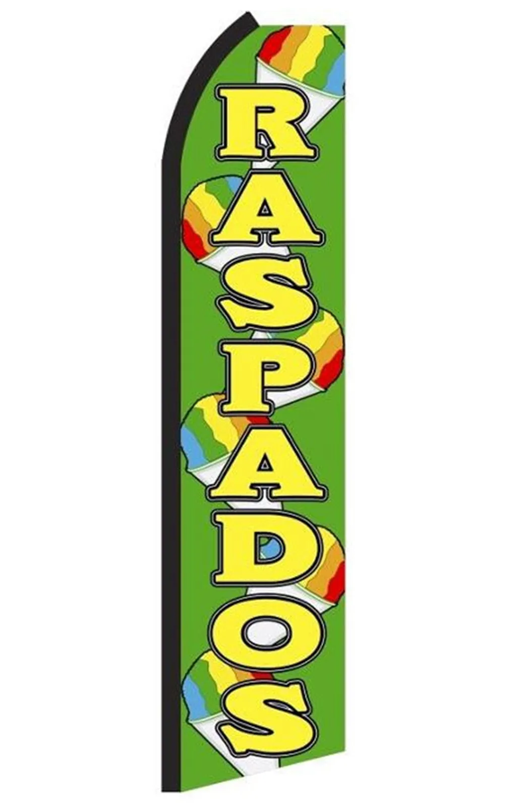 Raspados flag with large yellow lettering and colorful ice treat graphics, design RS7
