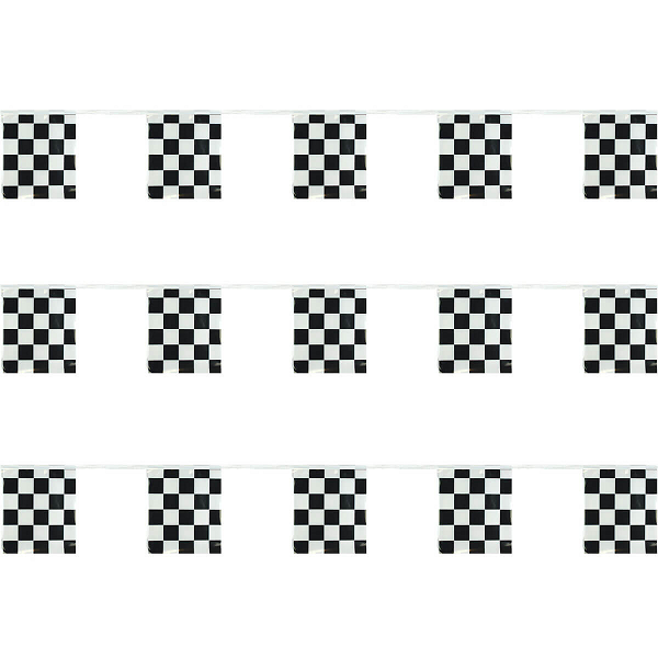 Black and white checkered rectangle pennants sewn onto white rope
