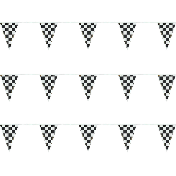 Black and white checkered triangle pennants sewn onto white rope