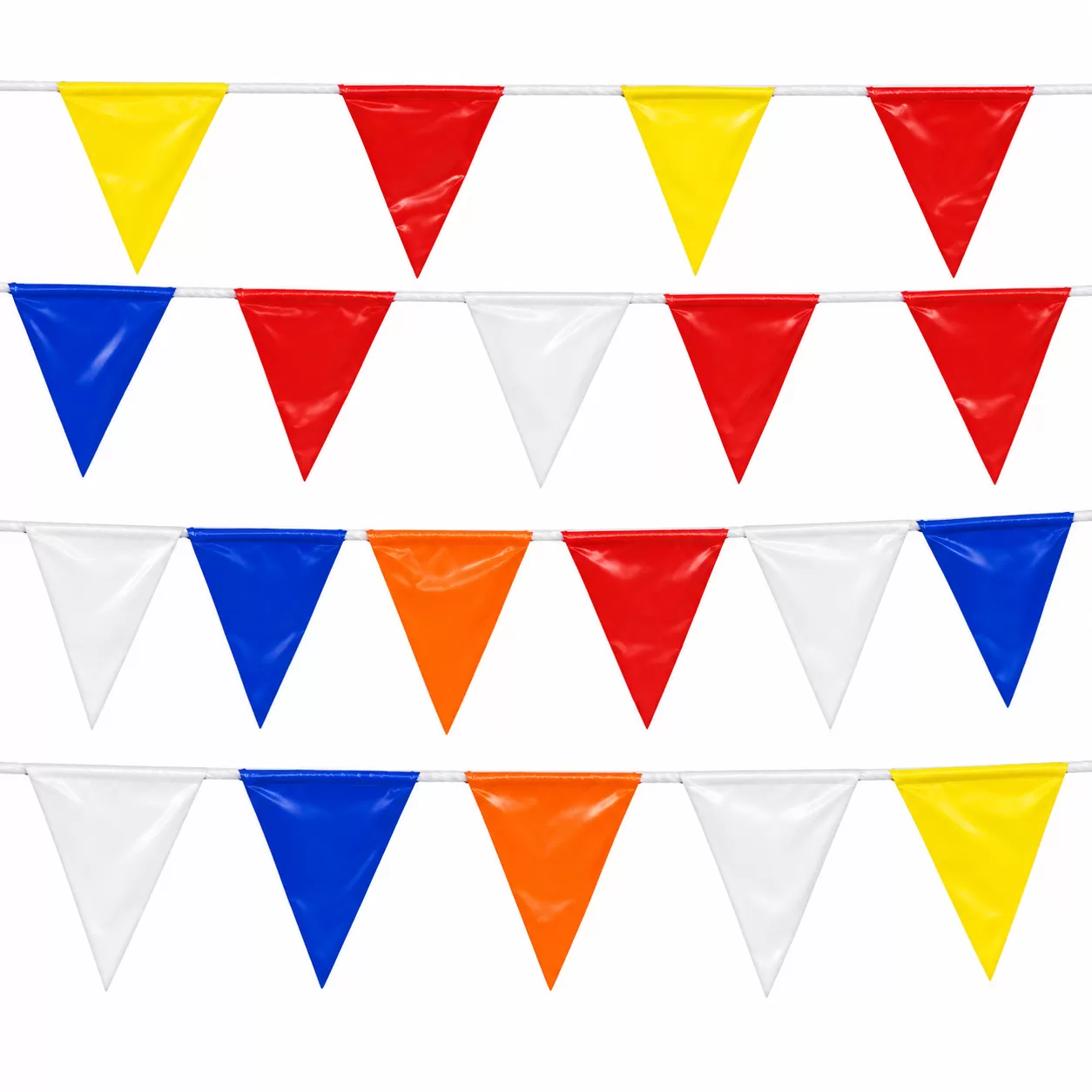 Economy indoor triangle pennants in red, yellow, blue, orange and white on parallel ropes