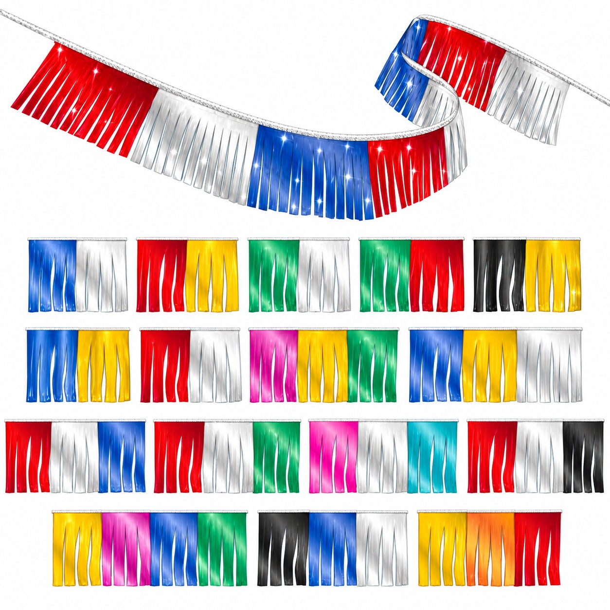 Metallic fringe pennant streamers in a range of solid and mixed color combinations