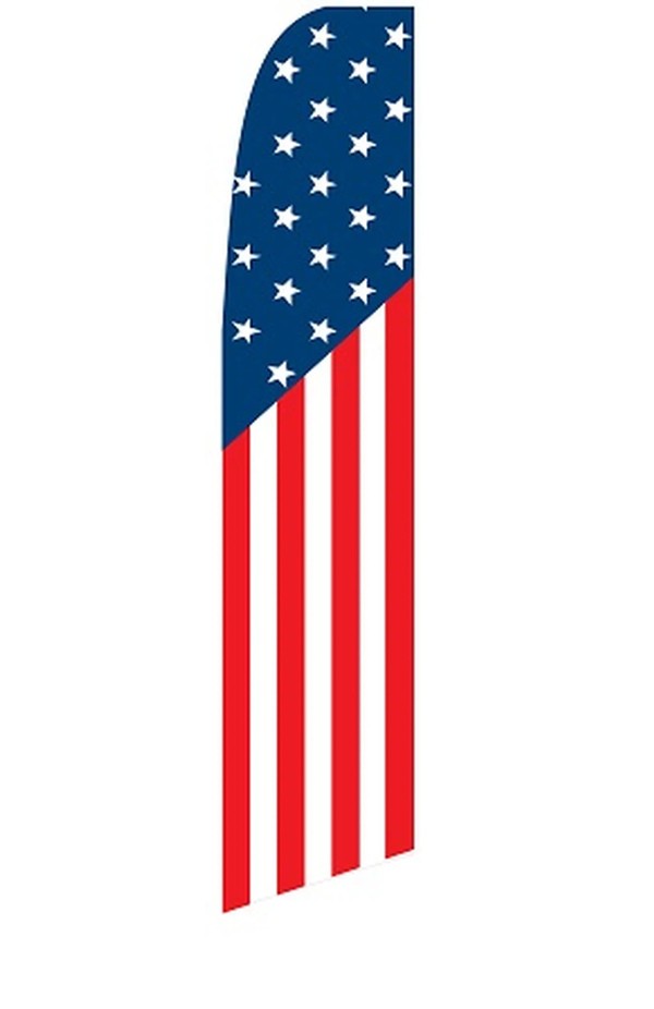 American SWFL-0093 feather flag with white stars on blue at the top and long vertical red and white stripes