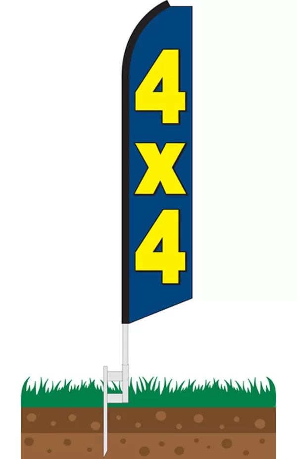 Blue 4x4 feather flag with yellow lettering, shown on a pole, SWFL-0003