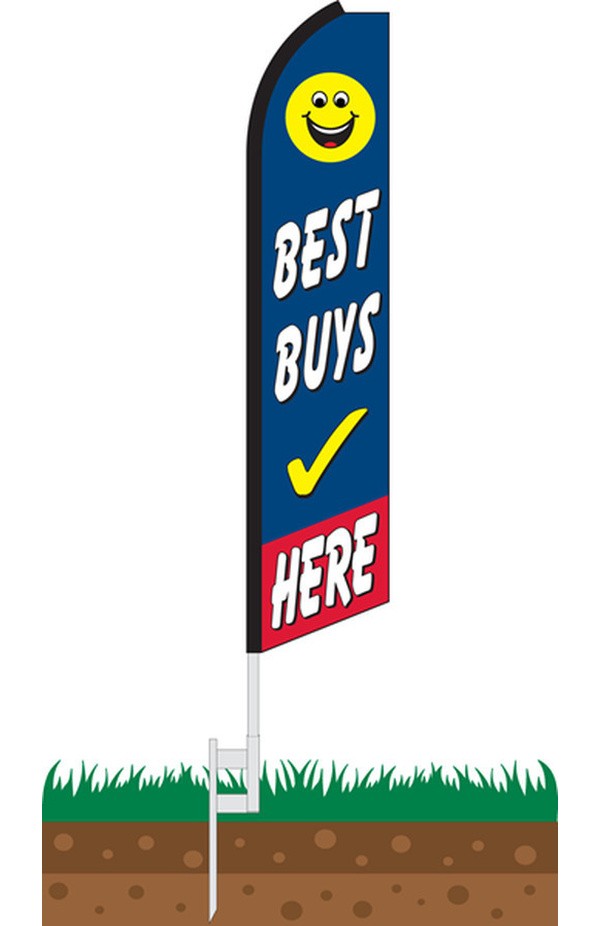 Blue Best Buys Here feather flag with a smiley face and yellow check mark, SWFL-0011
