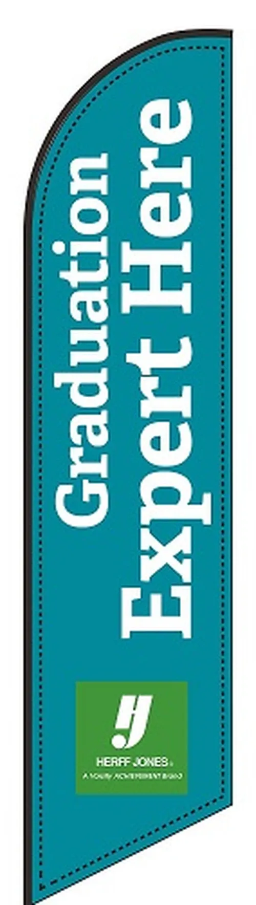 Teal feather flag with white Graduation Expert Here lettering and a green Herff Jones logo