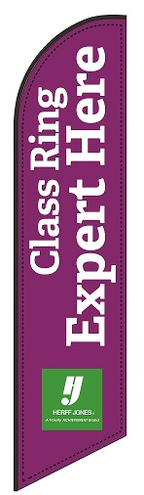 Purple feather flag with white Class Ring Expert Here lettering and a green Herff Jones logo