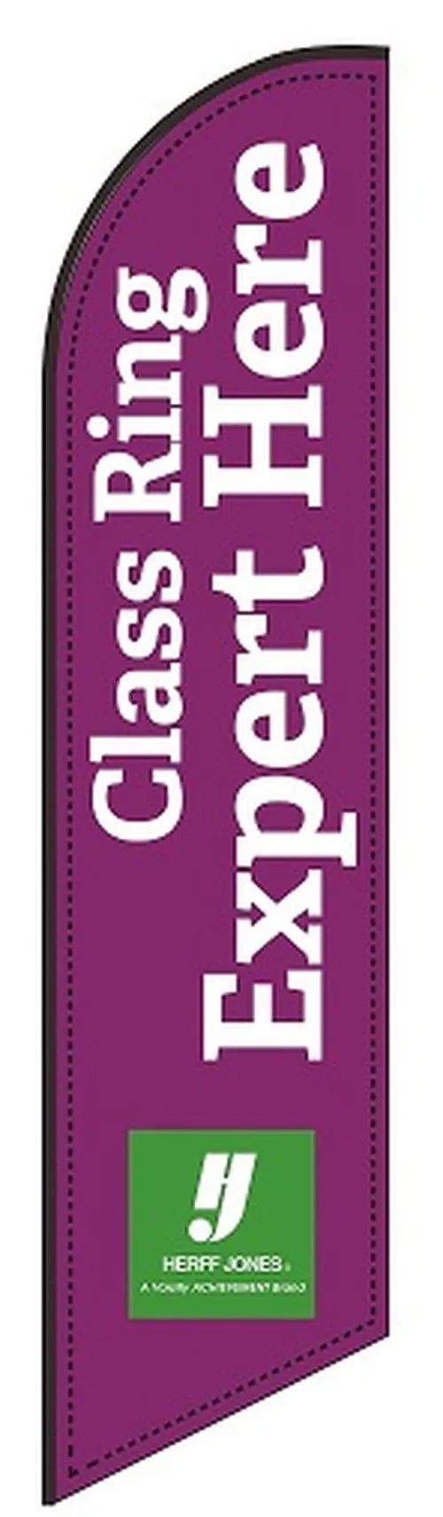Purple feather flag with white Class Ring Expert Here lettering and a green Herff Jones logo