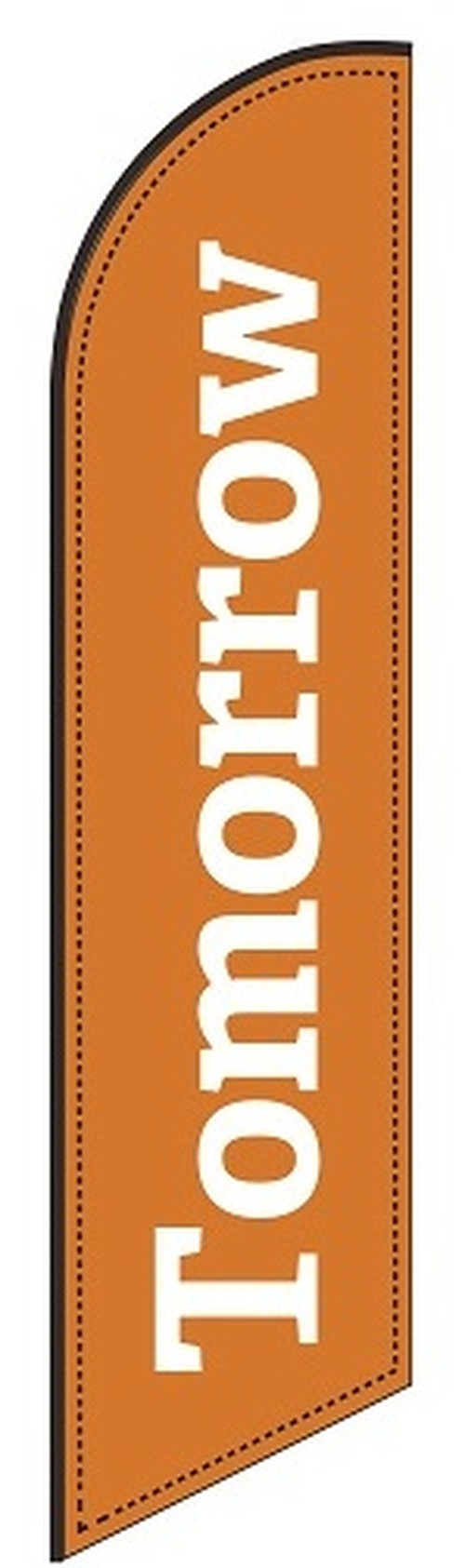 Orange feather flag with white Tomorrow lettering