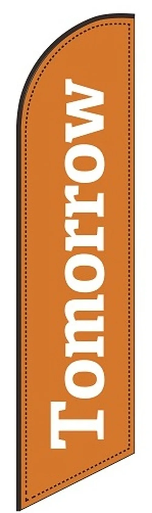 Orange feather flag with white Tomorrow lettering