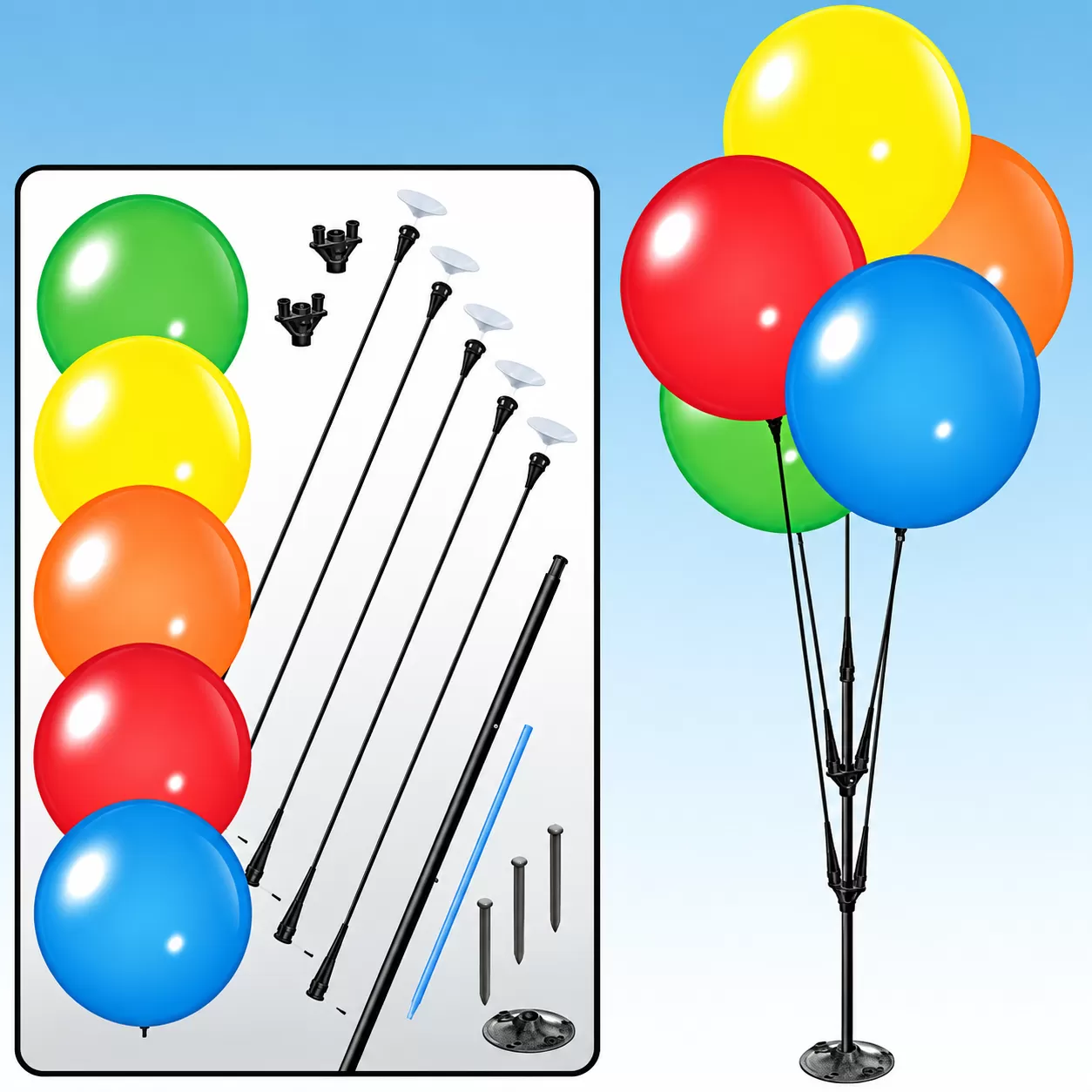 DuraBalloon five-balloon cluster display and ground-mount kit components
