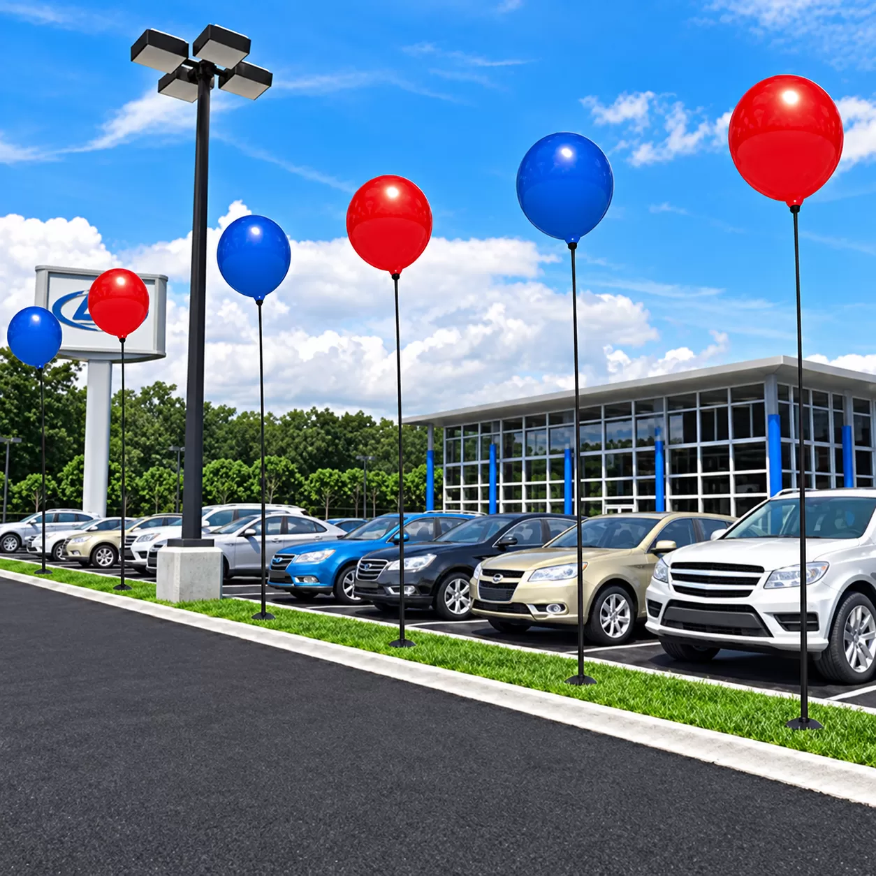 Red and blue DuraBalloon ground-pole displays along a dealership parking lot