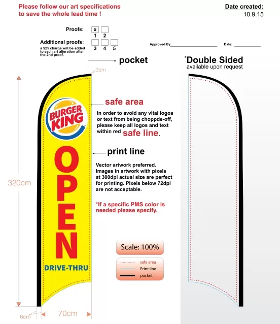 Burger King Yellow Open drive thru Single Sided Feather Flag kit includes flagpole and mounting baseg