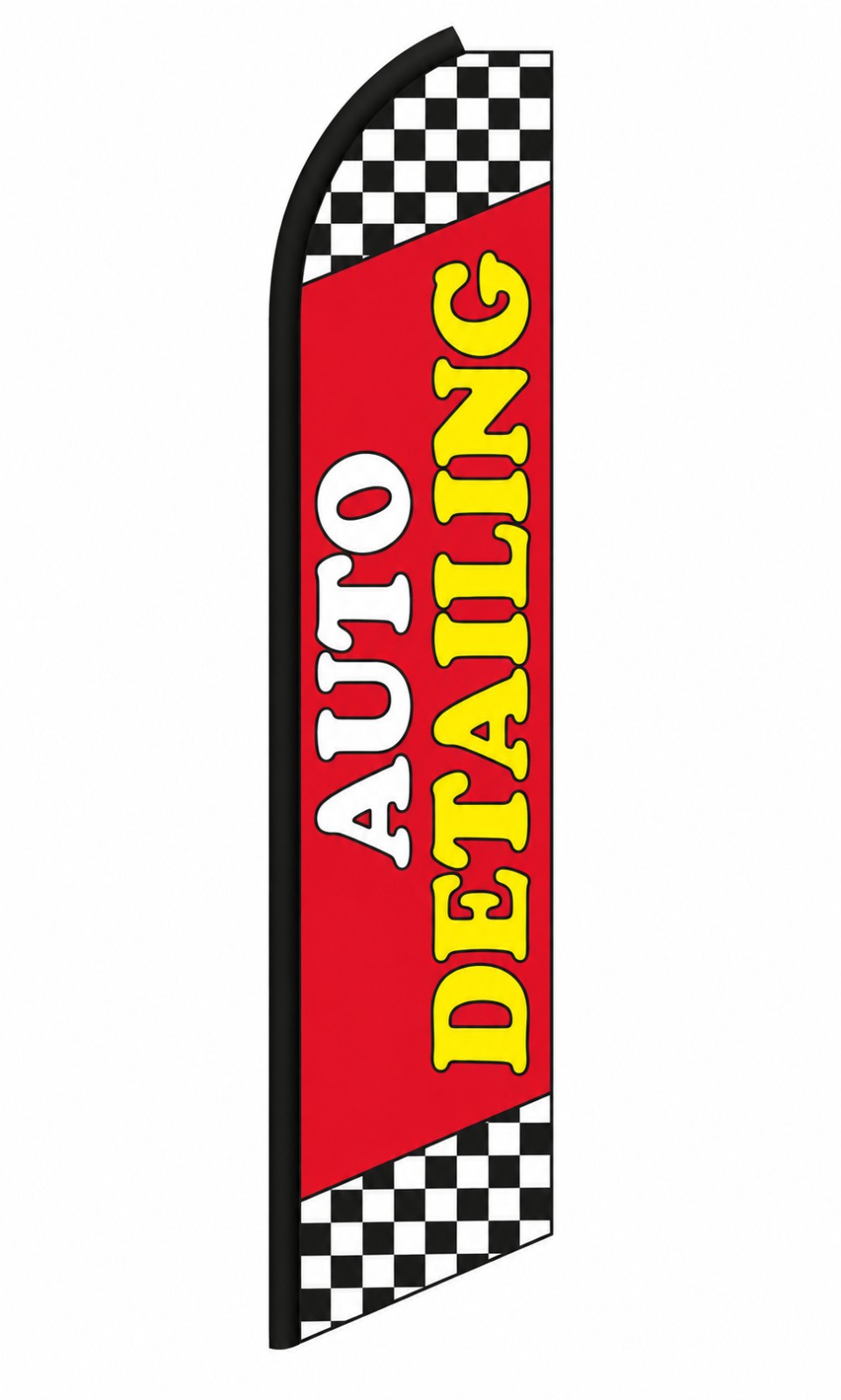Auto Detailing swooper feather flag with a red panel and checkered border
