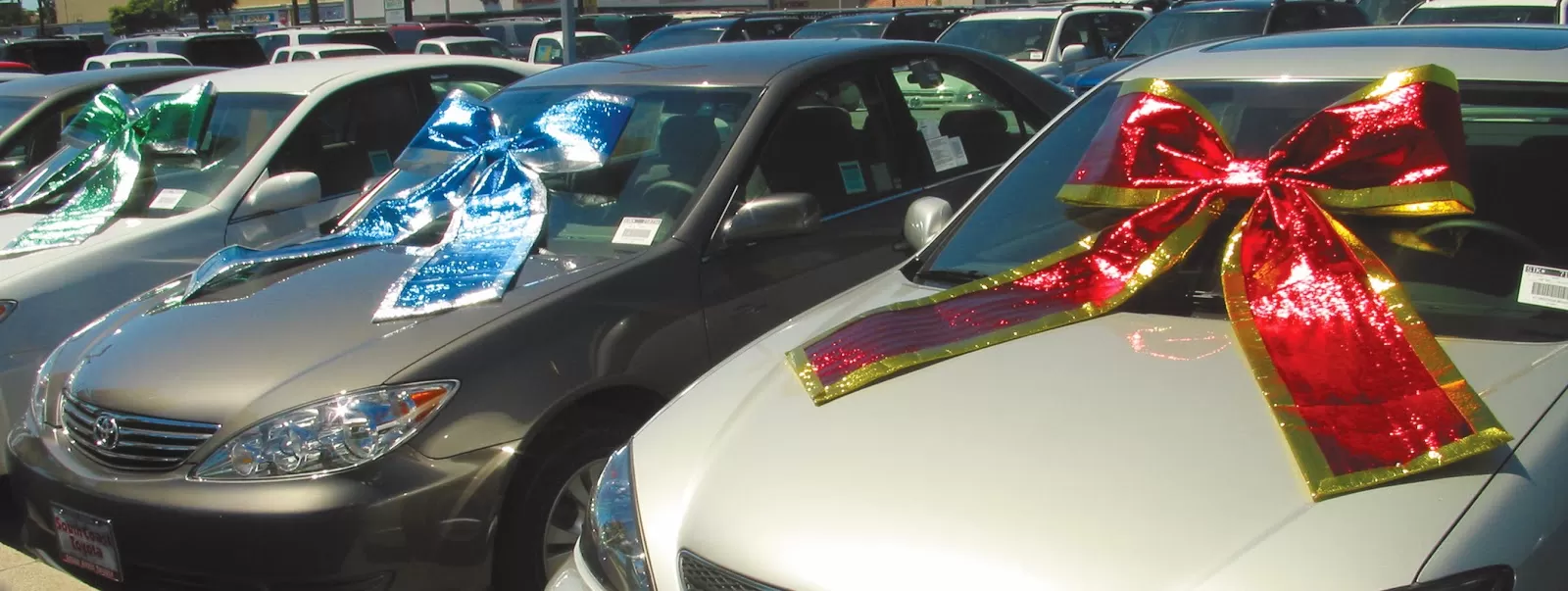 Large shiny windshield bow with long tails and suction cup mounting