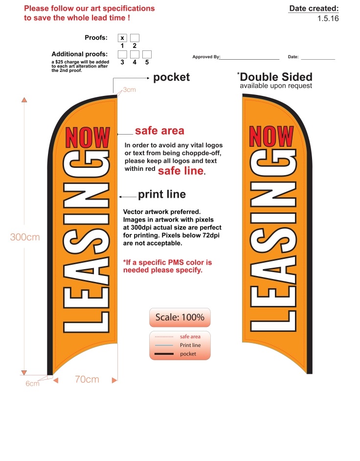Custom orange Now Leasing double-sided feather flag artwork