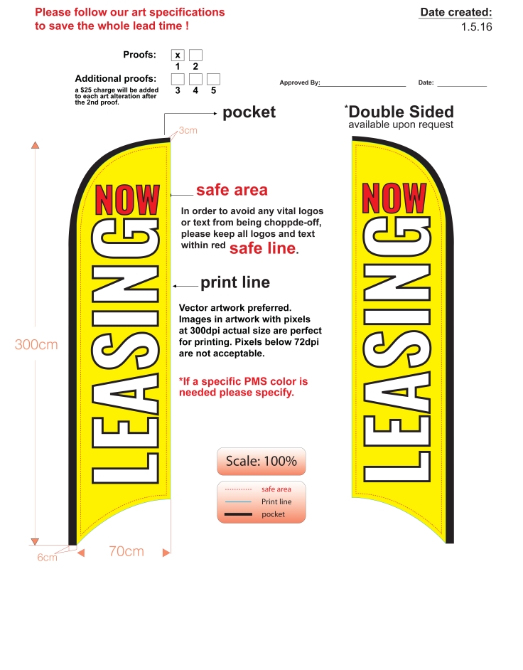 Custom yellow Now Leasing double-sided feather flag artwork