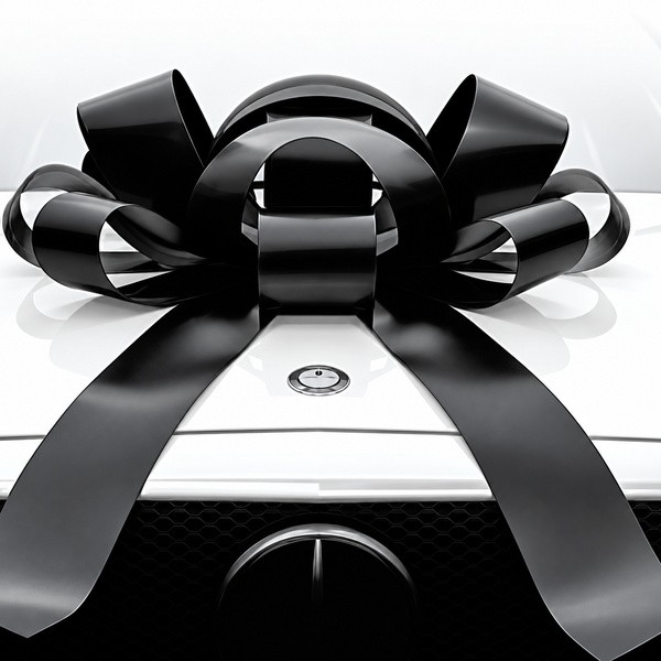 Giant black Jum-Bow magnetic car bow with two long tails displayed on a vehicle hood