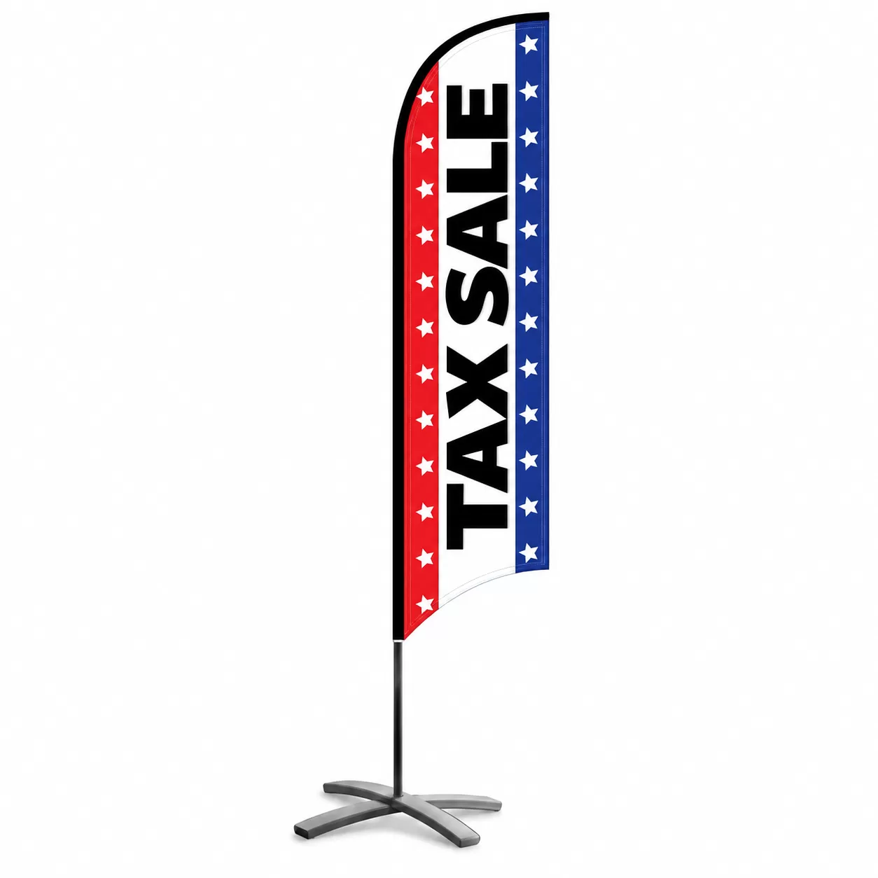 Red, white and blue Tax Sale feather flag kit shown with a pole and cross base
