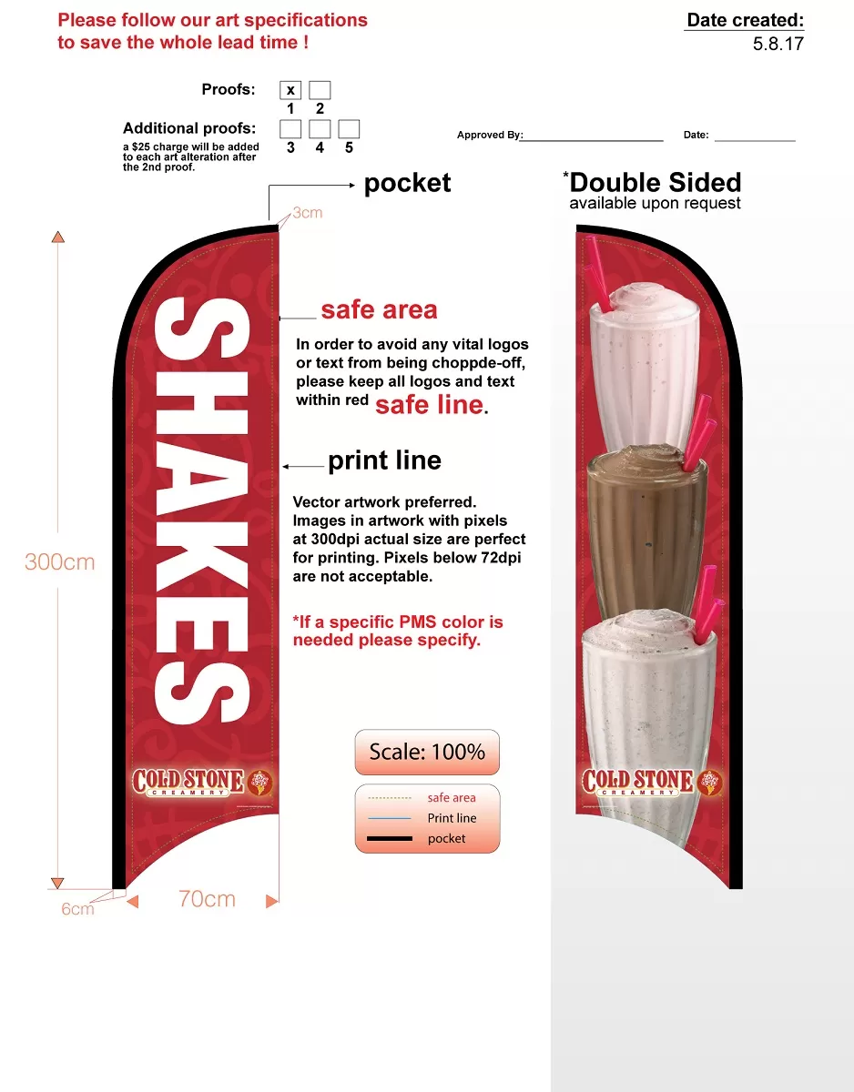 Custom Cold Stone Shakes Double-sided Feather Flag - no hardware - flag only