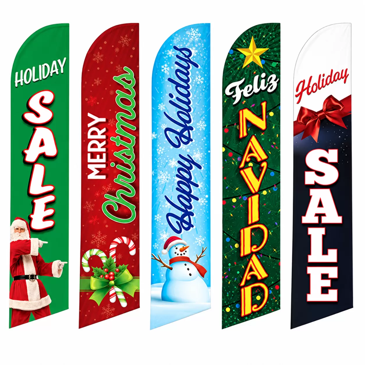 Five holiday feather flag designs: Holiday Sale, Merry Christmas, Happy Holidays and Feliz Navidad