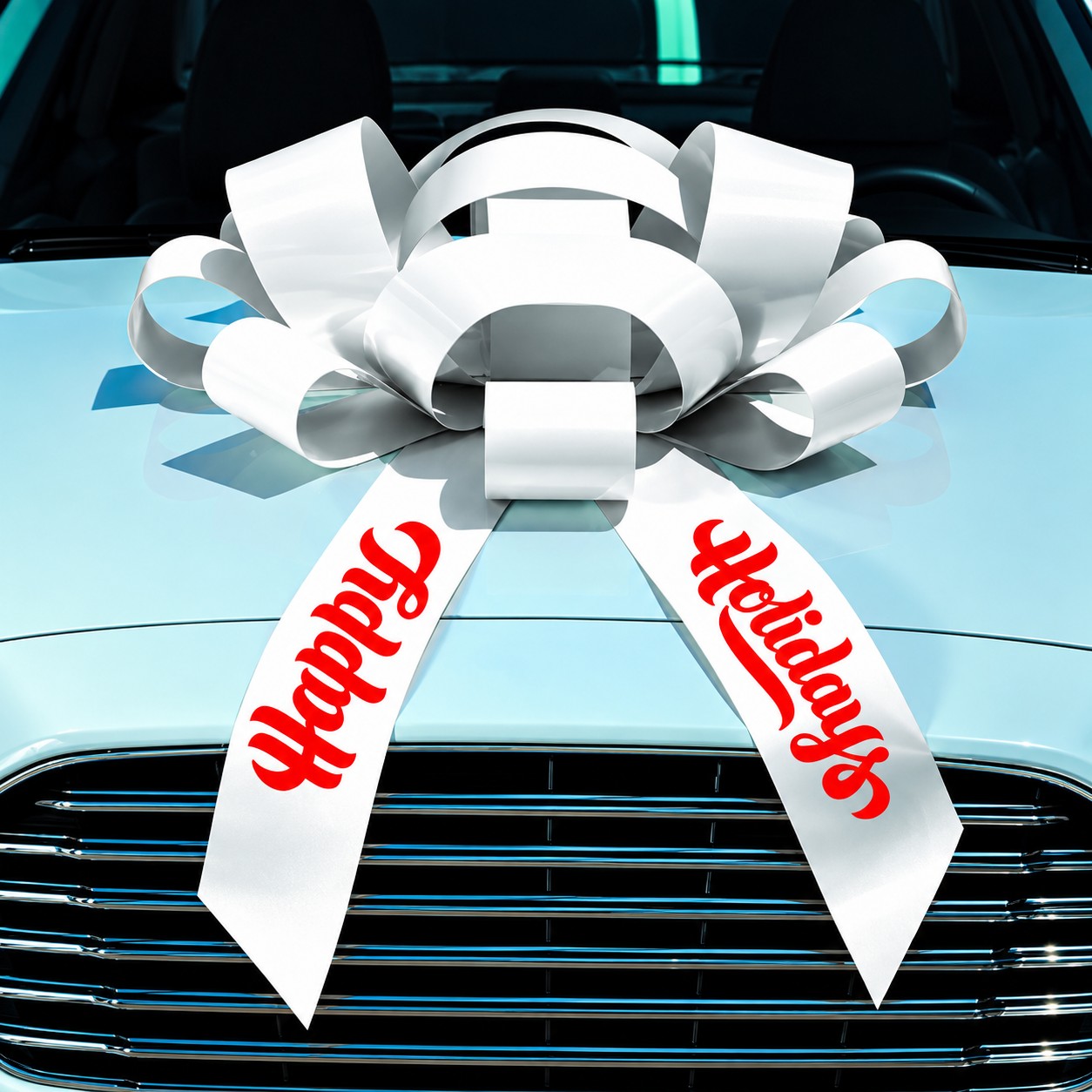 White magnetic car bow on a vehicle hood with red Happy Holidays lettering
