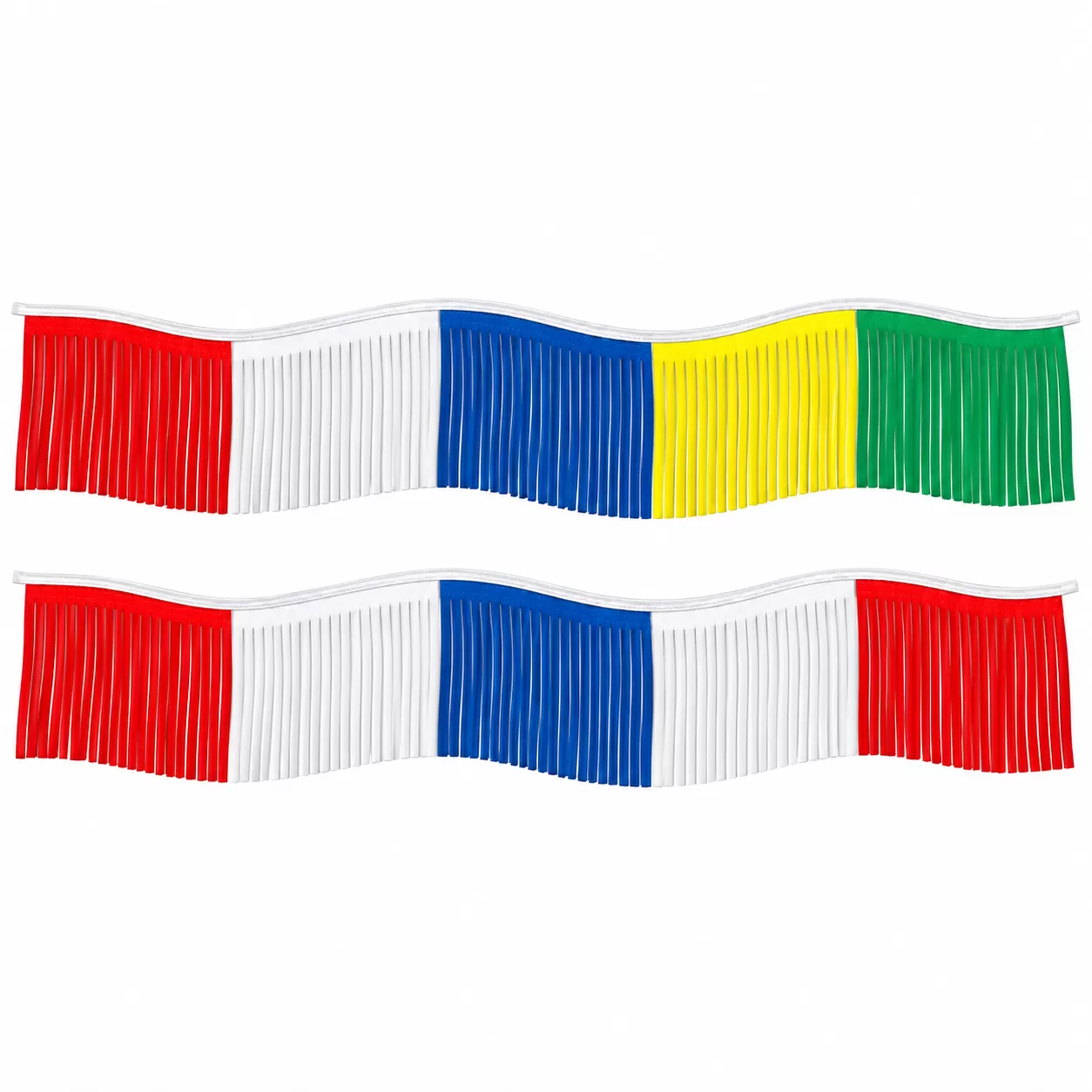 Nonmetallic fringe streamers in multicolor and red, white and blue combinations