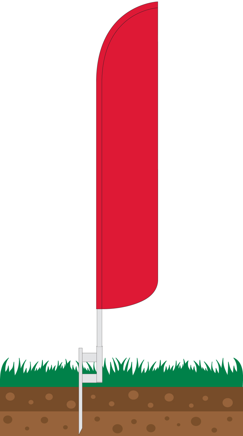 Solid red windless flag in a ground-installation illustration, WF0096