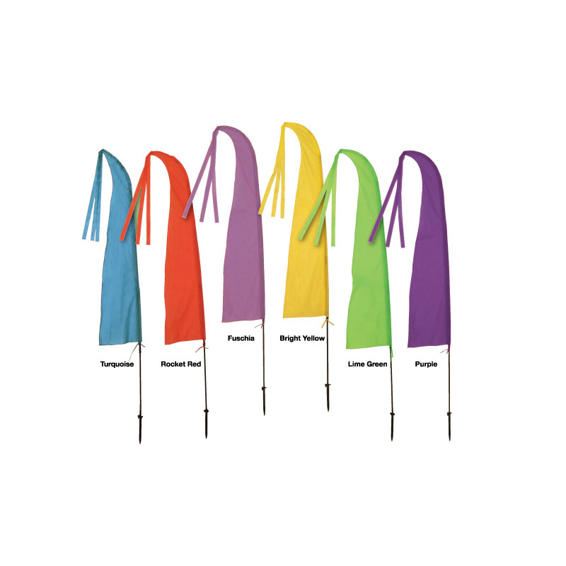 Six Bali streamer flags in turquoise, red, fuchsia, yellow, green and purple
