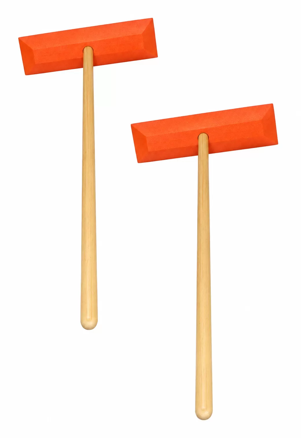 Two Shuttsco Sno-Rakes with long hardwood handles and wide orange foam heads