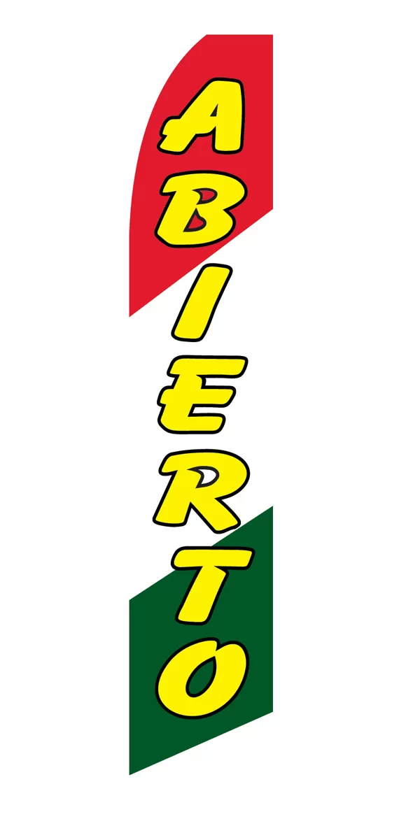 Red, white and green Abierto flag with yellow lettering, design SF-1034