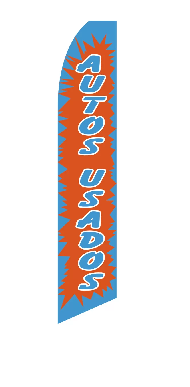 Blue Autos Usados flag with orange lettering and starburst accents, design SF-1040