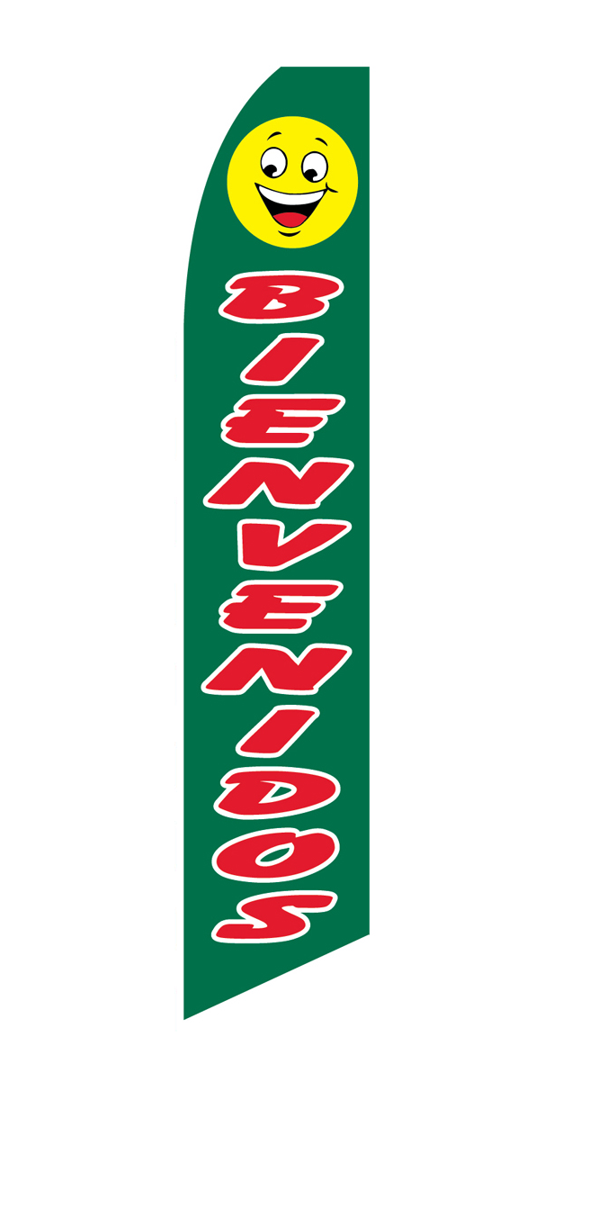Green Bienvenidos flag with red lettering and a smiley-face graphic, design SF-1039