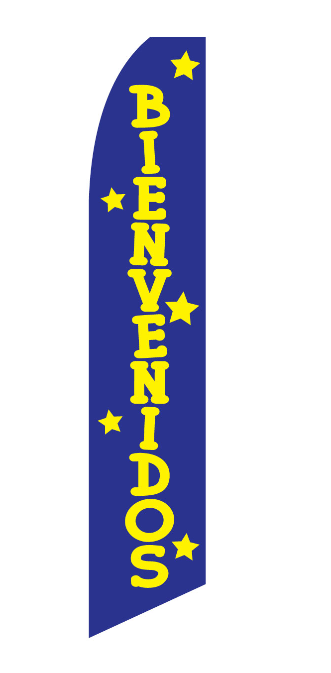 Blue Bienvenidos feather flag with yellow lettering and stars, design NSF-2254
