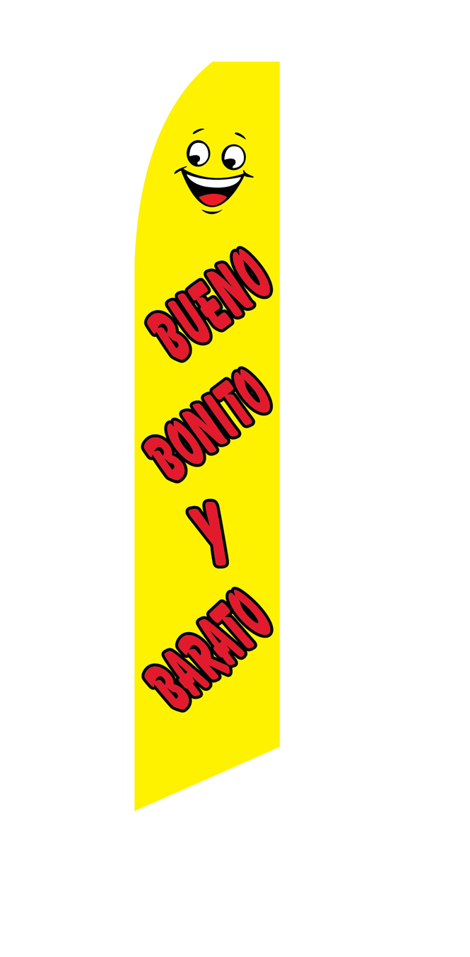 Yellow Bueno Bonito y Barato flag with red lettering and a smiley face, design SF-1042