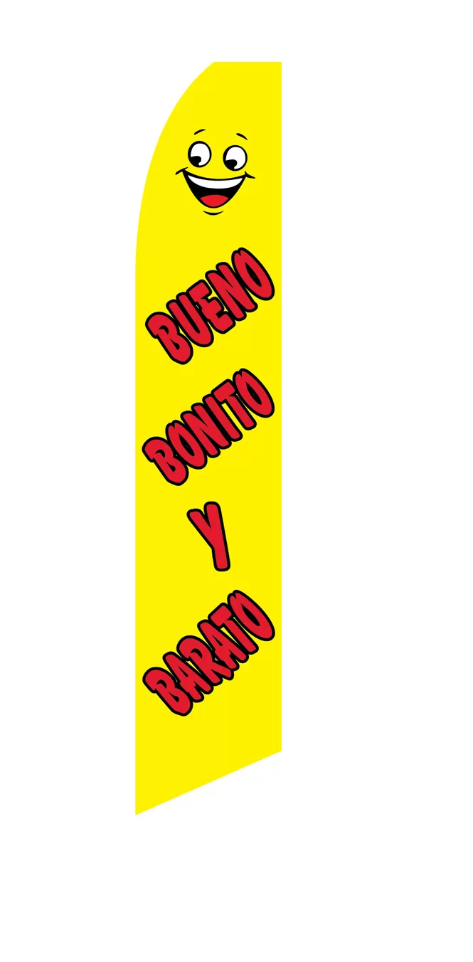 Yellow Bueno Bonito y Barato flag with red lettering and a smiley face, design SF-1042