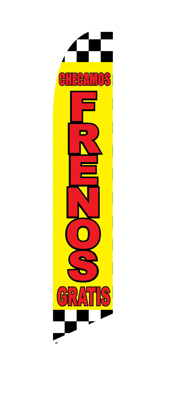 Yellow Checamos Frenos Gratis flag with red lettering and checkered accents, design SF-1701