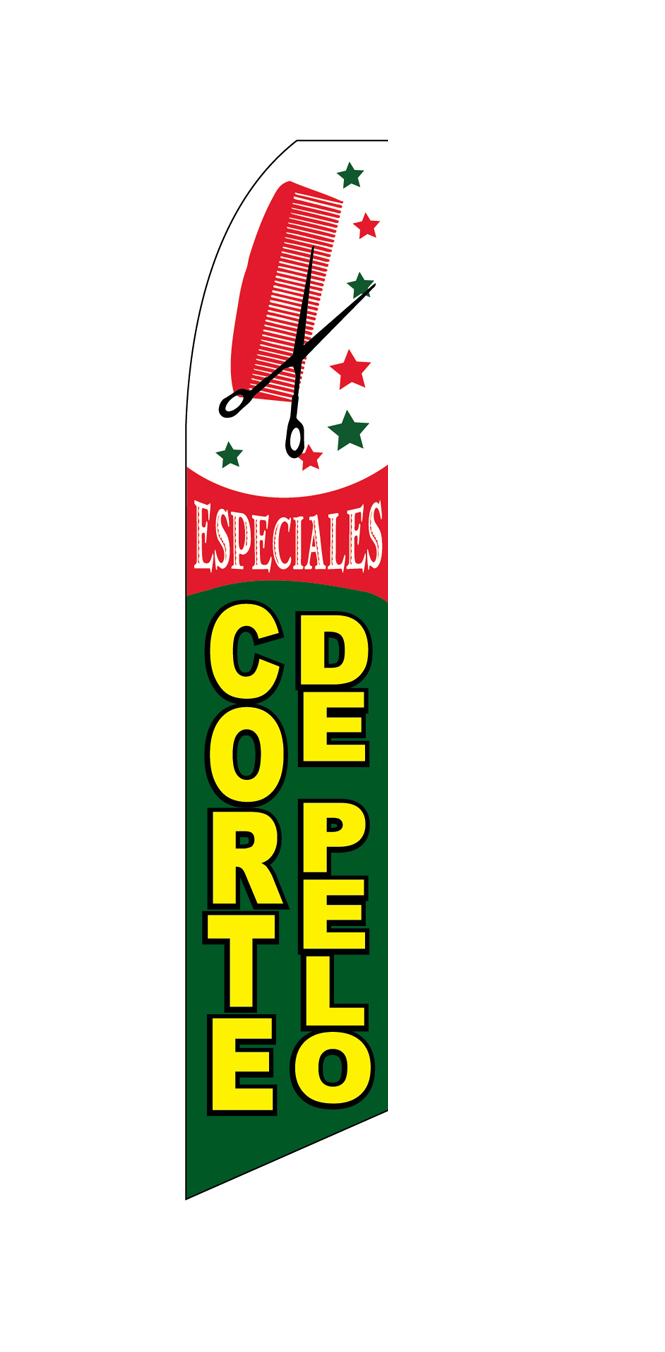 Green, white and red Corte de Pelo flag with haircut and star graphics, design SF-1730