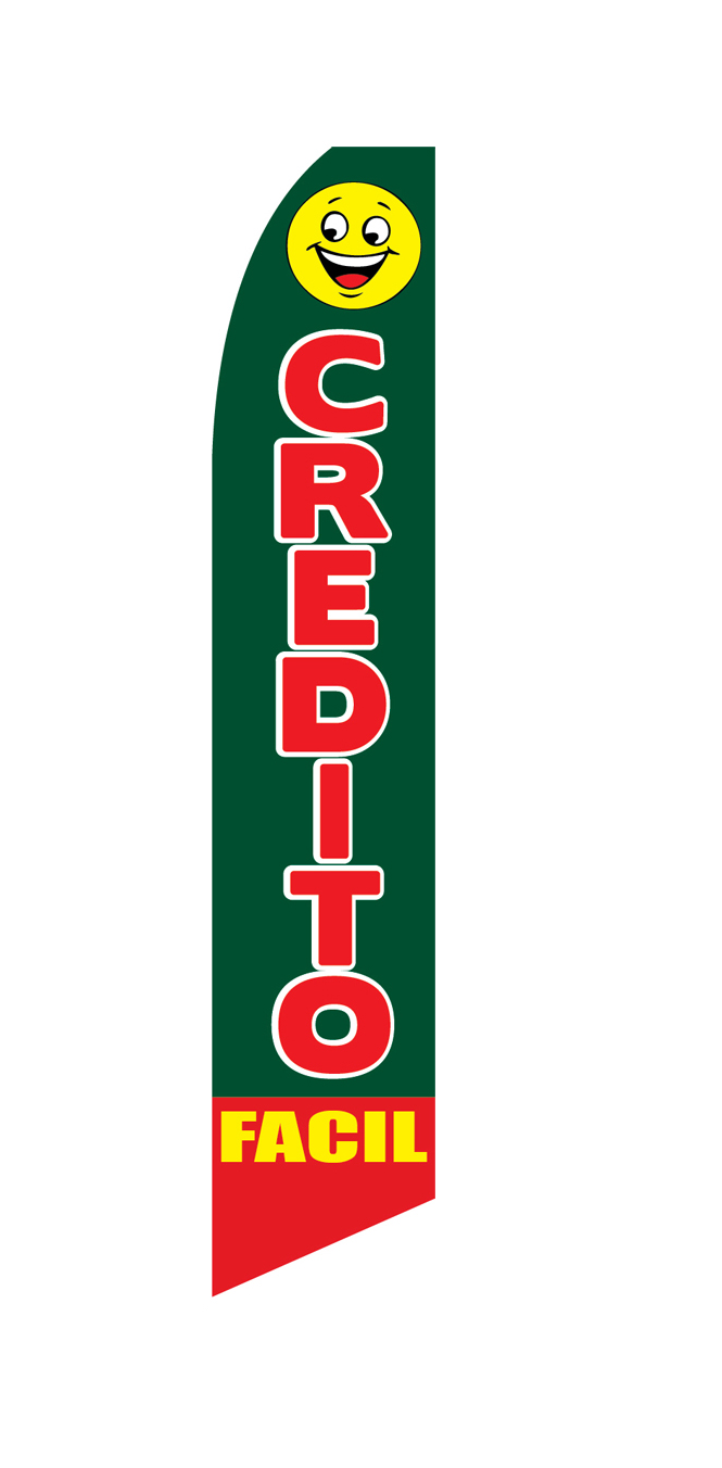Green Credito Facil flag with red lettering and a smiley face, design SF-1044