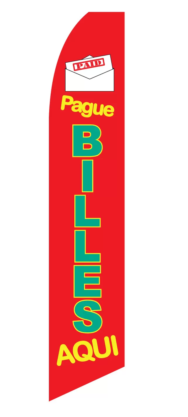 Red Pague Billes Aqui flag with green and yellow lettering and an envelope graphic, design SF-2265